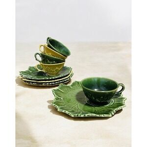 Steubenville Woodfield Leaf Snack Set Vintage Tea Cups Plates Green Yellow
